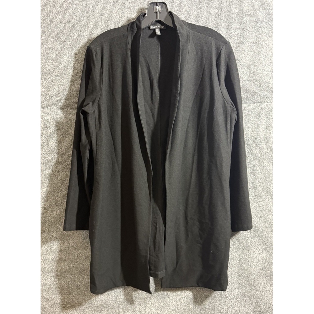 EILEEN FISHER Black Long Fluid Lyocell Open Front Jersey Cardigan Medium Q23 - Picture 3 of 5